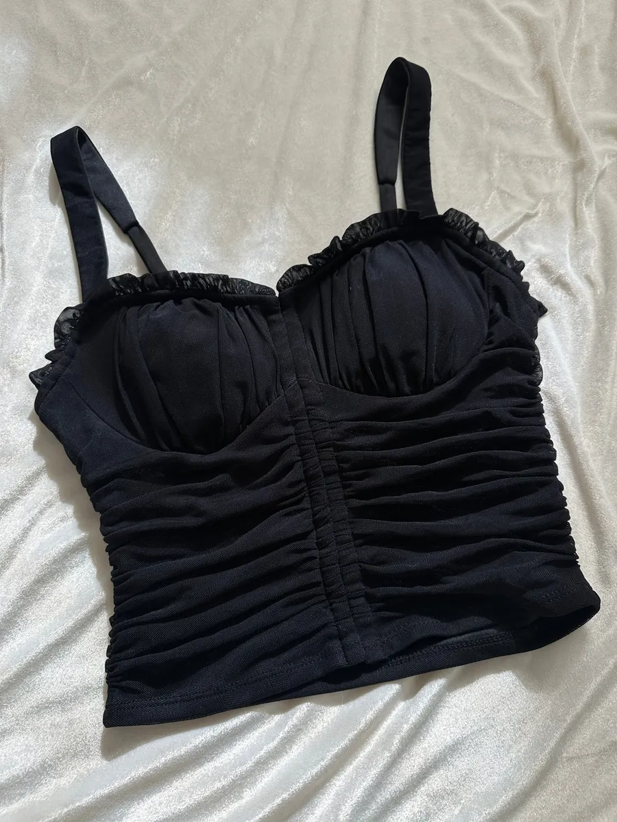 Vintage Y2K Moa Moa Black Mesh Ruched Bustier Tank Top w Built in Padded Bra Size M