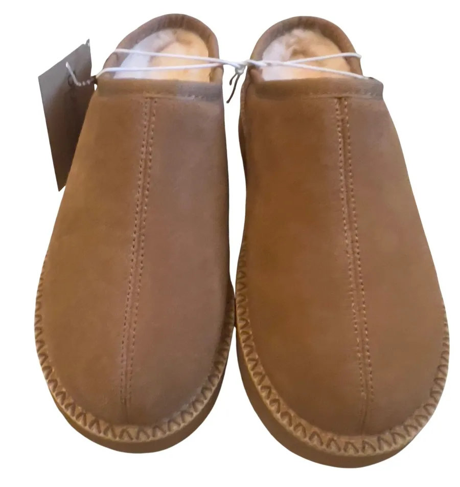 Bearpaw Womens Clog Slippers Suede Sheepskin Lined Tan M L