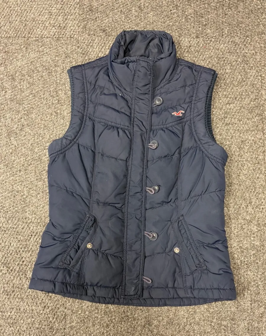 Hollister Navy Blue Quilted Puffer Vest Mock Neck Button Front Women's Size M