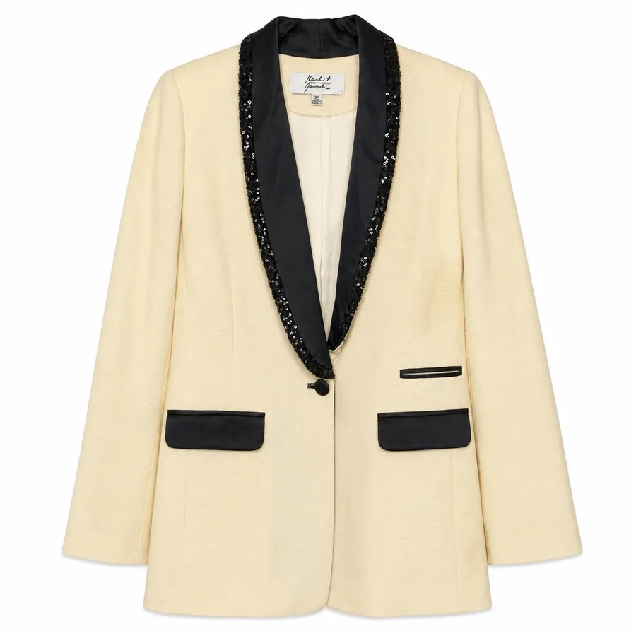 Badgley Mischka Cream Black Trim Sequin Lapel Blazer XS