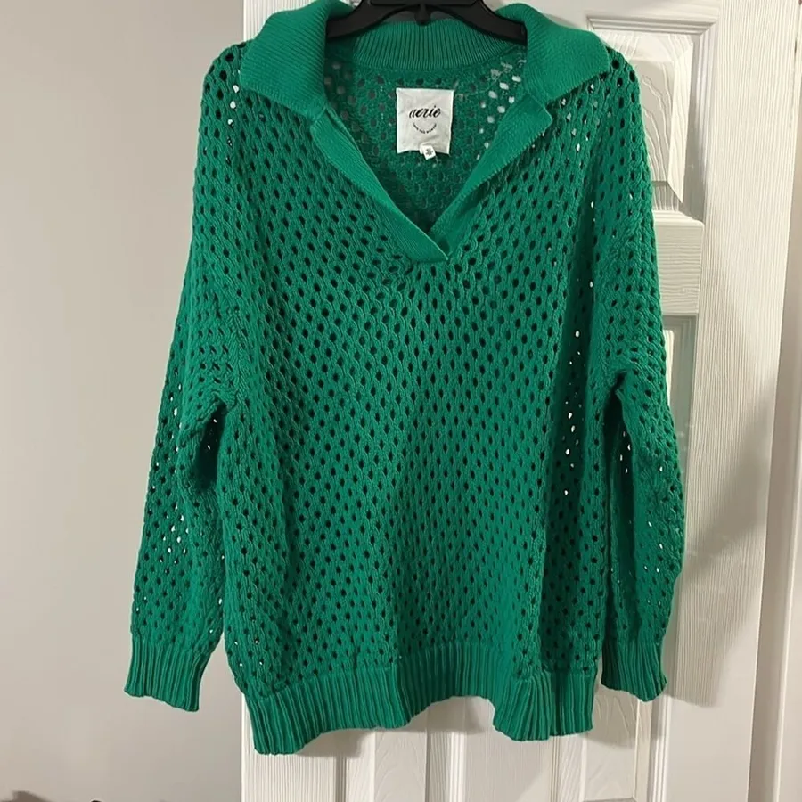 Kelly Green Open Knit Polo Sweater Sz M