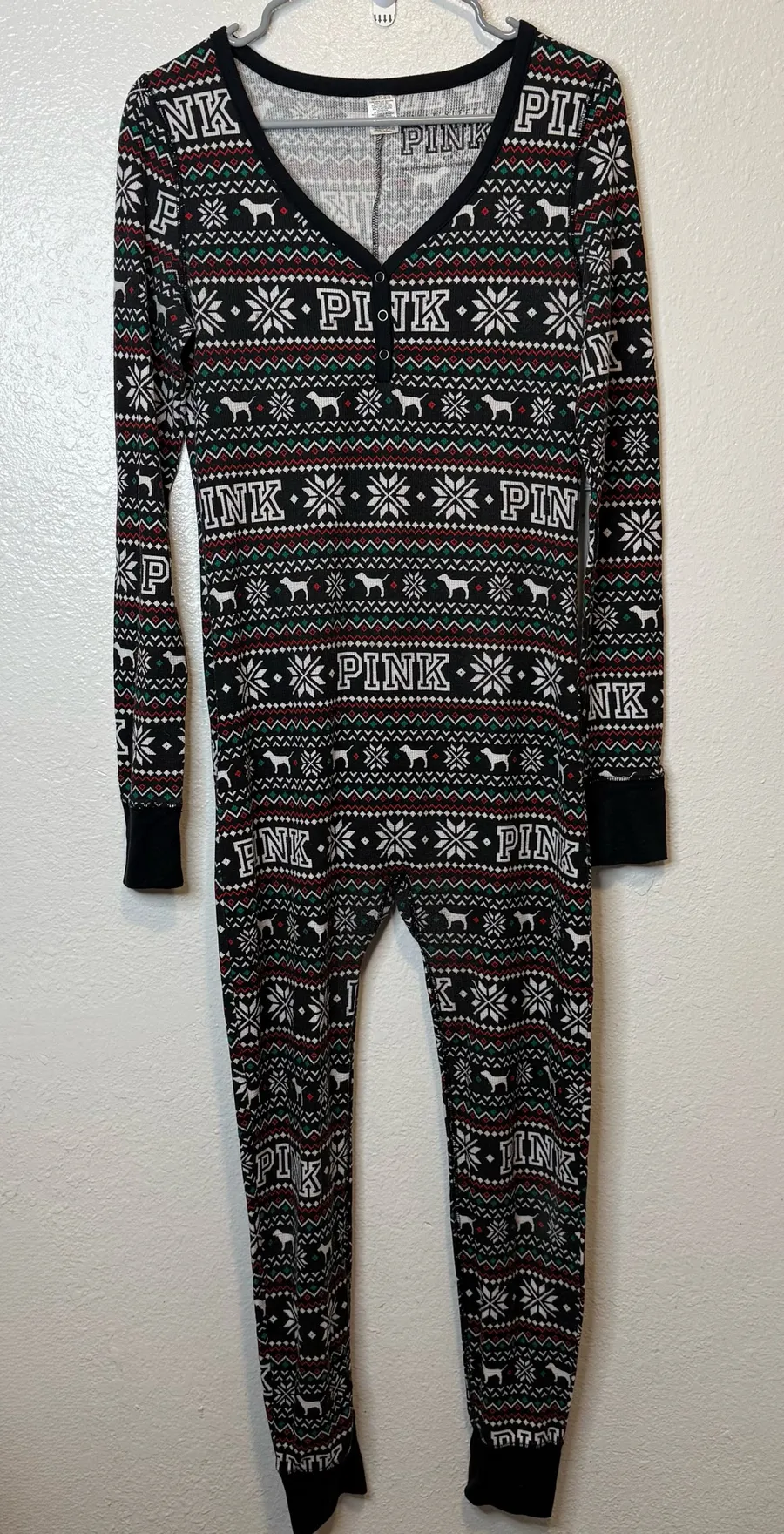 Pink by Victoria’s Secret Fair Isle Dog One Piece Pajamas Union Suit Size Medium