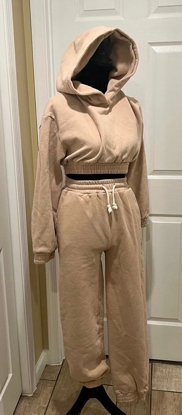 2Pcs Solid tracksuit Sports Set Hooded Sweatshirt Drawstring Jogger Pant Sporty Tan