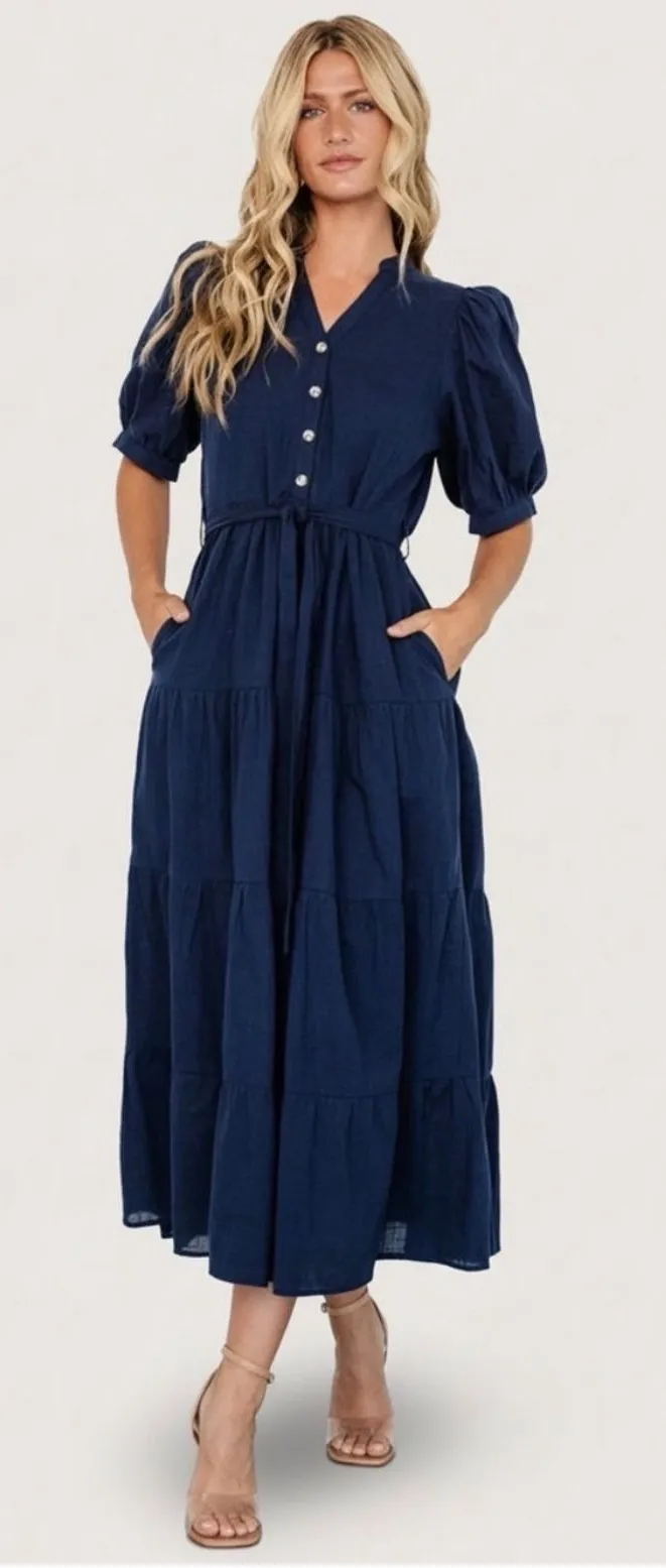 Baltic Born Camille Maxi Dress Navy Blue Cotton Puff Sleeve Tiered Small NWT