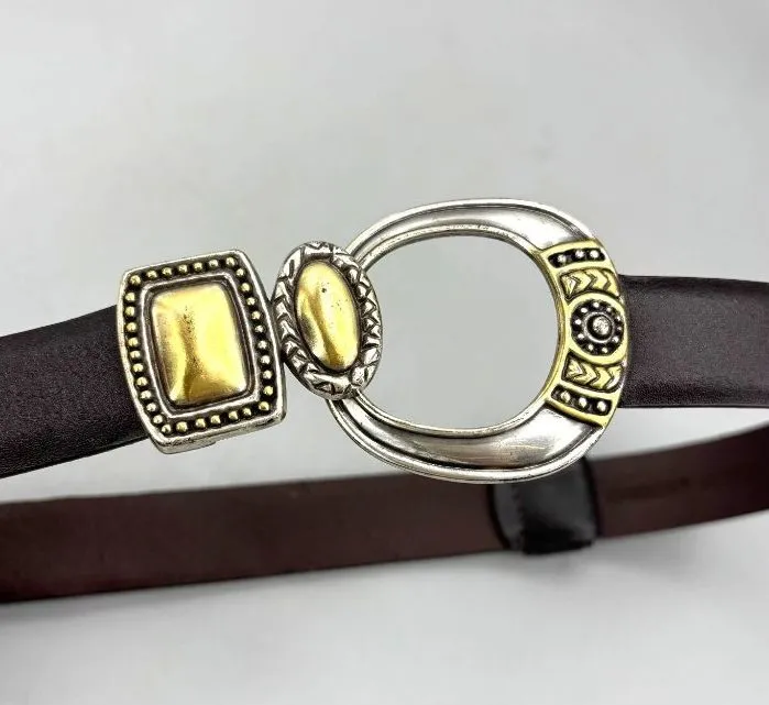 Chicos Black Leather Belt With Silver & Gold Decorative Buckle S/M