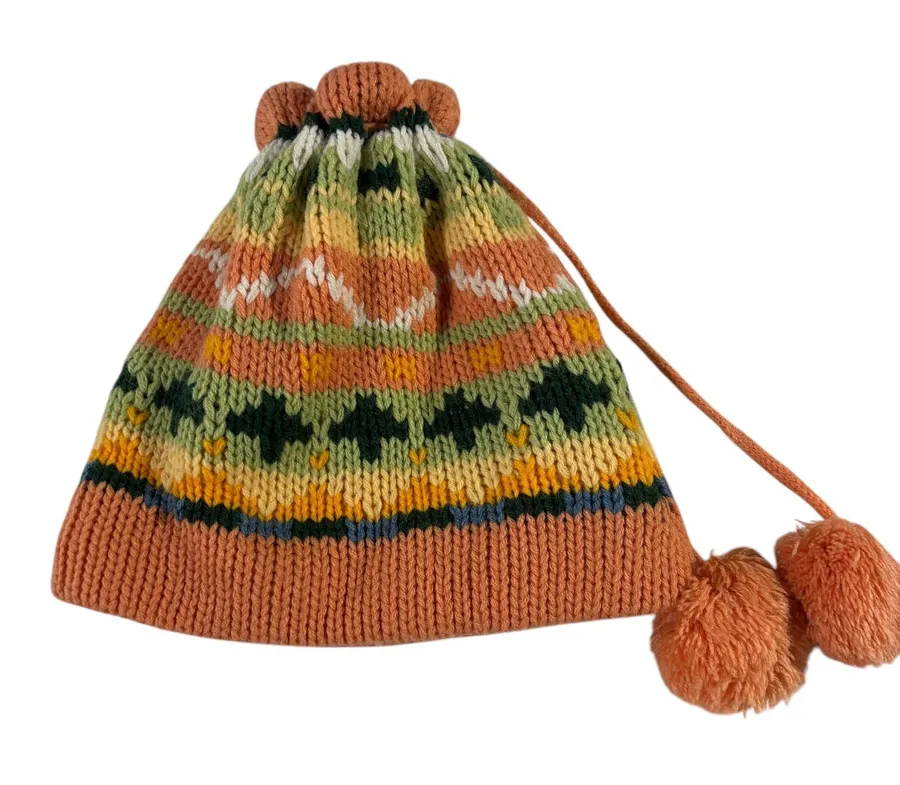 Knit Beanie Hat with Pom Pom Drawstring Multicolor Winter Orange