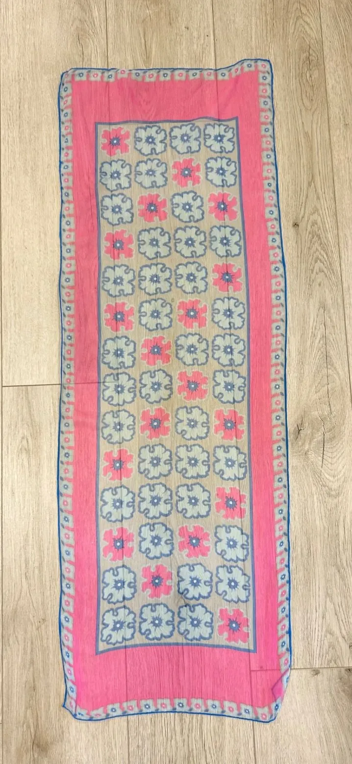 Vintage Style Pink Blue Floral Sheer Chiffon Rectangle Scarf Retro Botanical