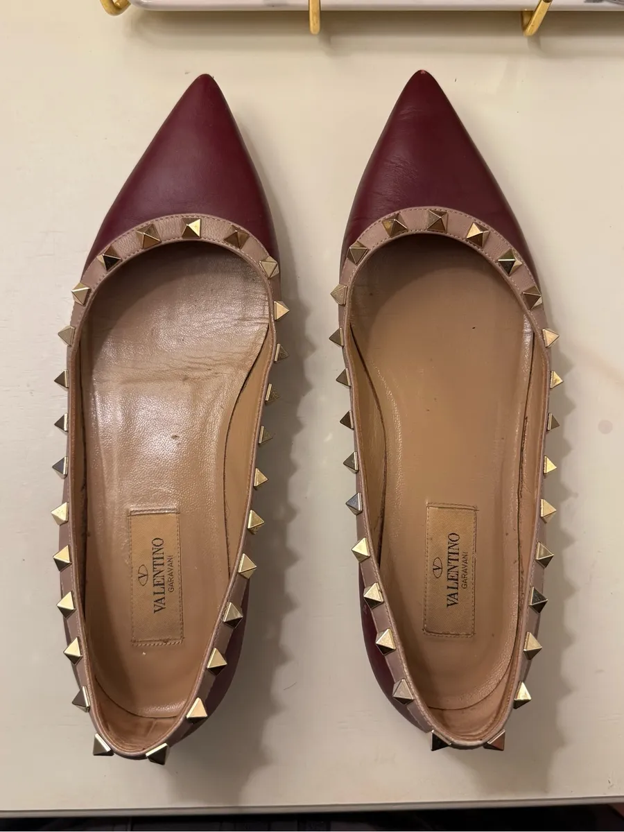 Valentino Burgundy Pointed Rockstud Leather Flats