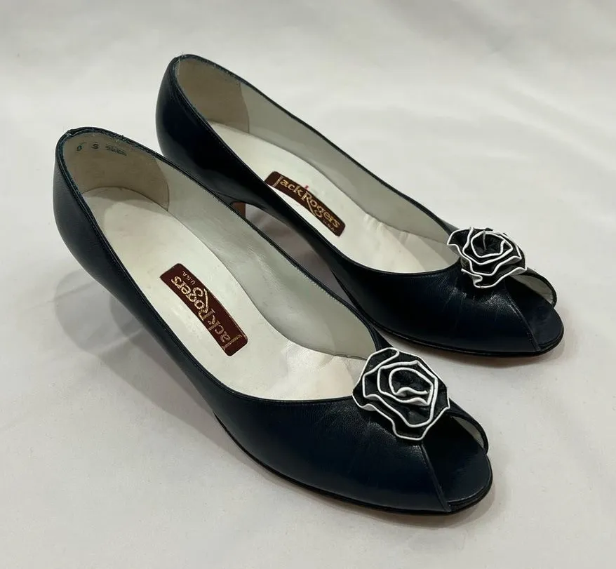 Vtg Jack Rogers 80’s Navy Blue Leather Peep Toe Heels With Rosette Size 8 S