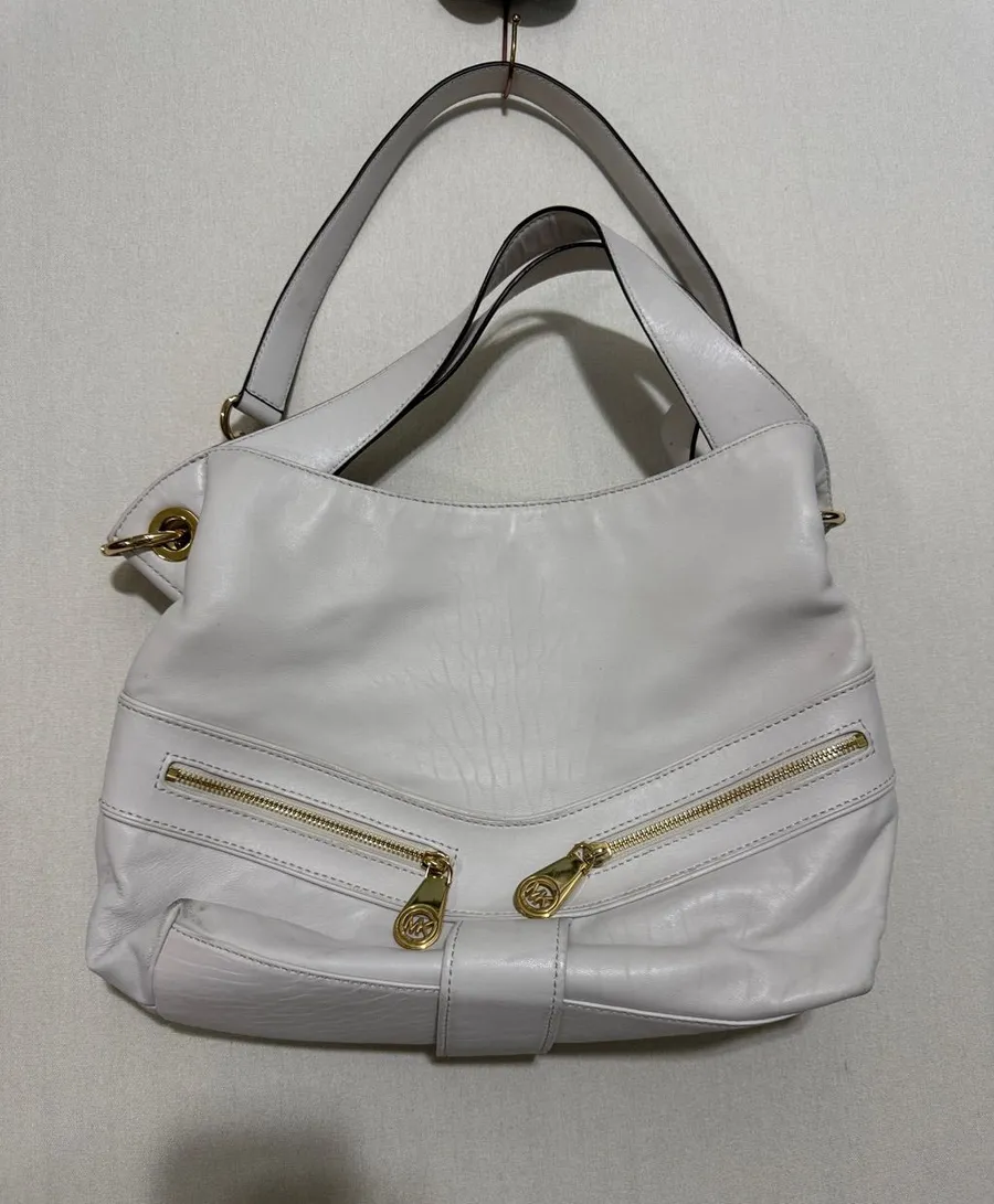 MICHAEL Michael Kors White Leather Shoulder Hobo with Gold Hardware Accents