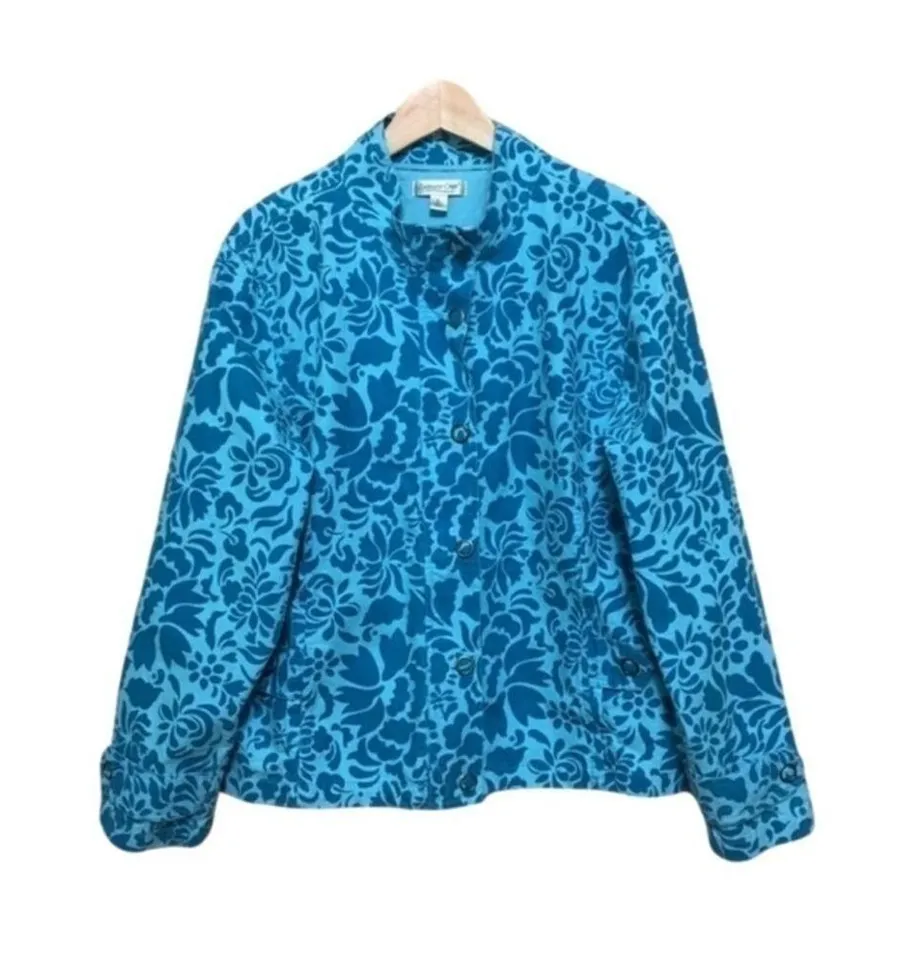 Coldwater Creek turquoise blue floral cotton denim jacket size XL