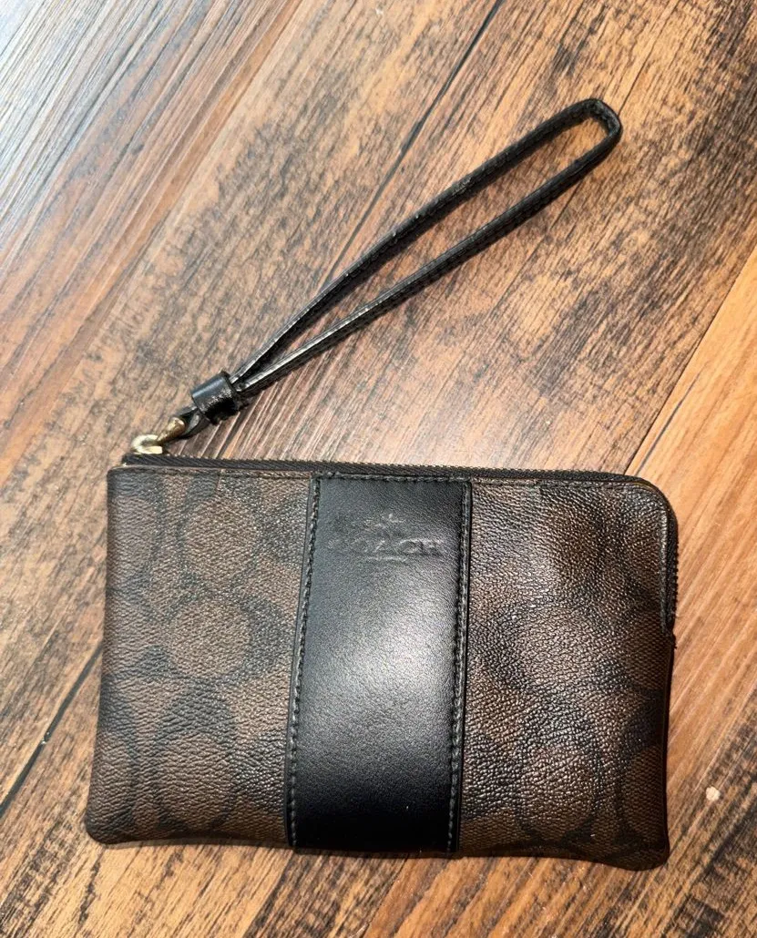 Coach Brown and Black Signature Canvas Wristlet with Leather Stripe
