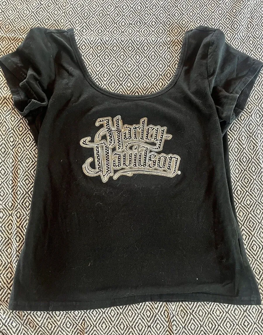 Harley Davidson Ladies studded sexy off the shoulder lace Up back short sleeve L Black Size L
