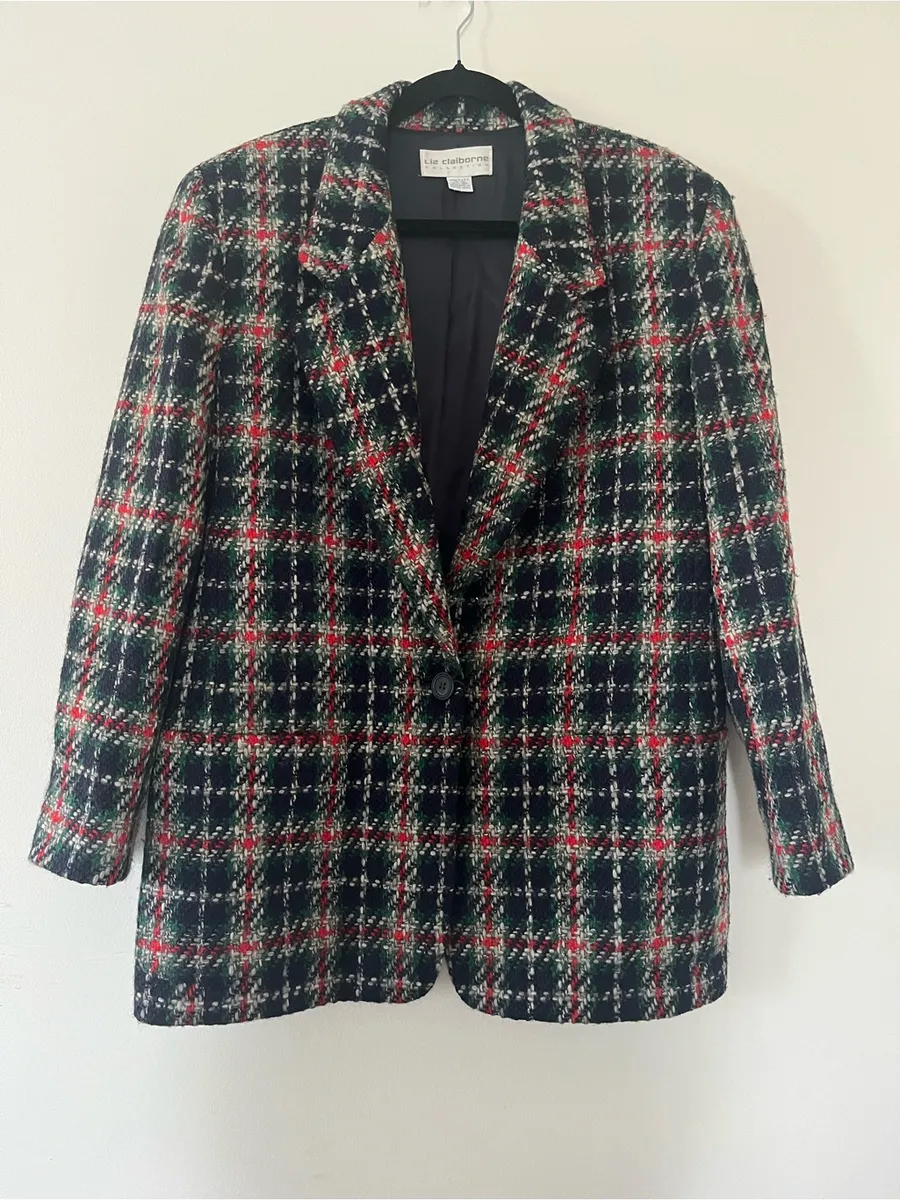 VINTAGE Liz Claiborne Plaid Wool Blazer 14 Blue Red Old Money Preppy Equestrian
