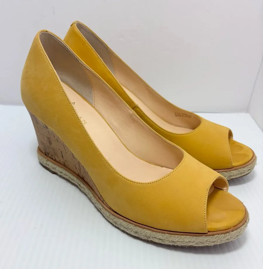 COLE HAAN-Jocelyn-Yellow Nubuck-Peep Toe-Cork Wedge-Espadrille Size 8.5B