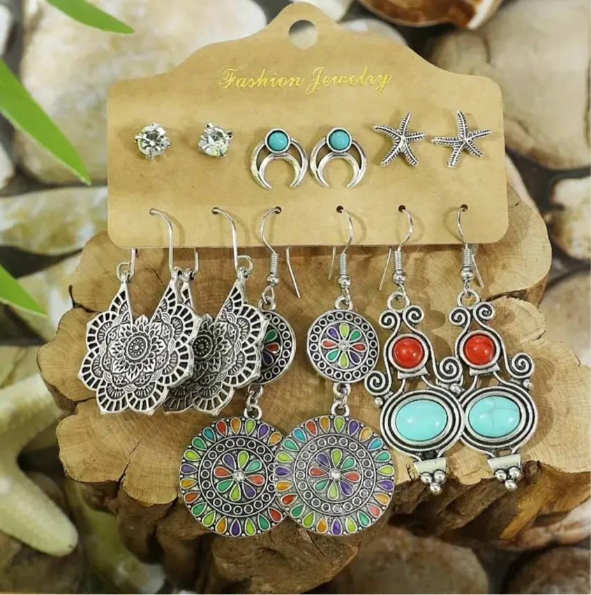 6pcs Boho Silver Stackable Rings, Vintage Style Turquoise Dangle Earrings, retro