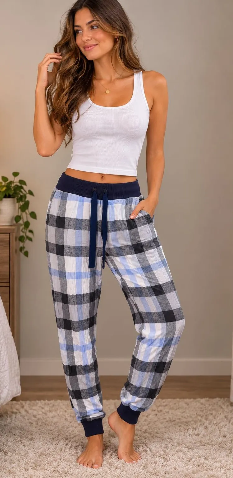 Aerie Plaid Gauze Pajama Jogger Pants with Ribbed Waistband and Cuffs