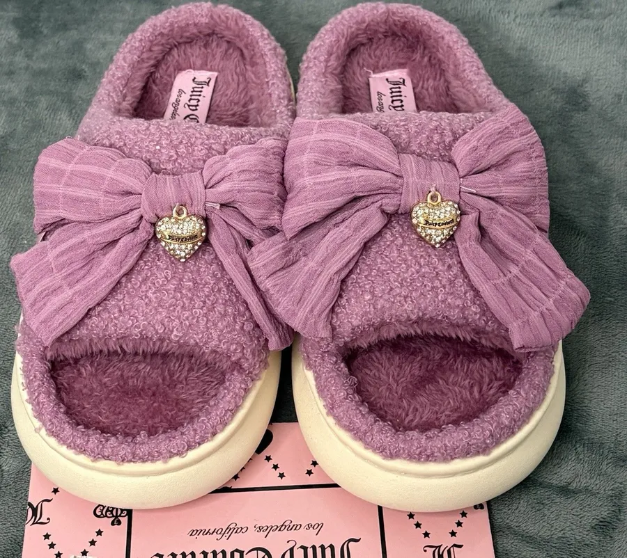 Juicy Couture Purple Faux Shearling Slip-On Slippers Bow Accent Women's Size 7-8