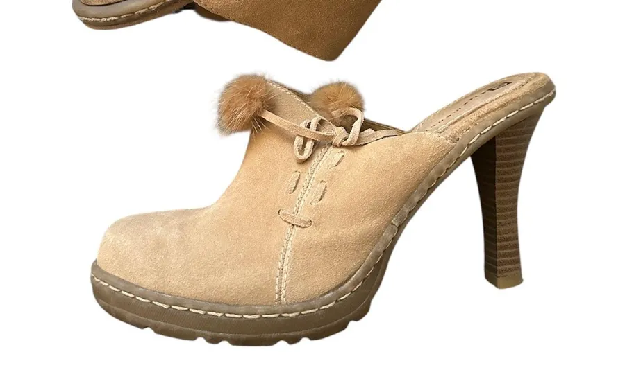 Vintage Y2K Ellemenno “Puffy” suede and rabbit fur platform mules