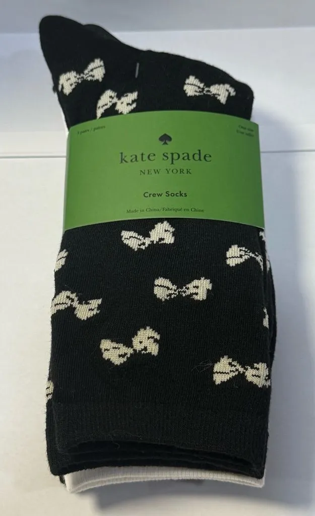 Kate Spade New York Black Crew Socks 3-Pack Bow Print NWT