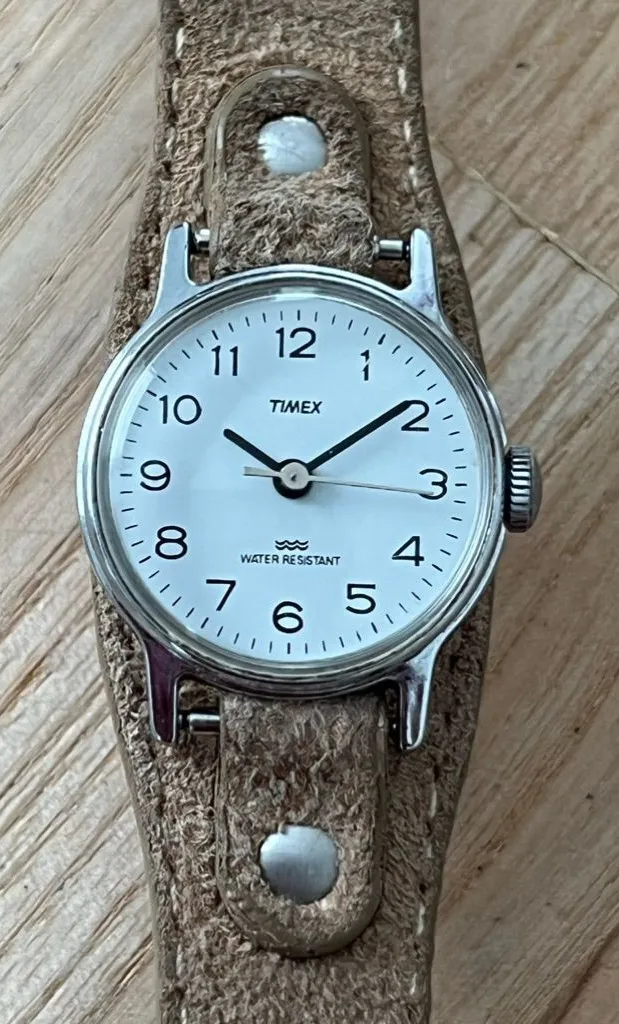 Timex Vintage Mechanical Ladies Watch on Fossil Leather Cuff White Dial Works