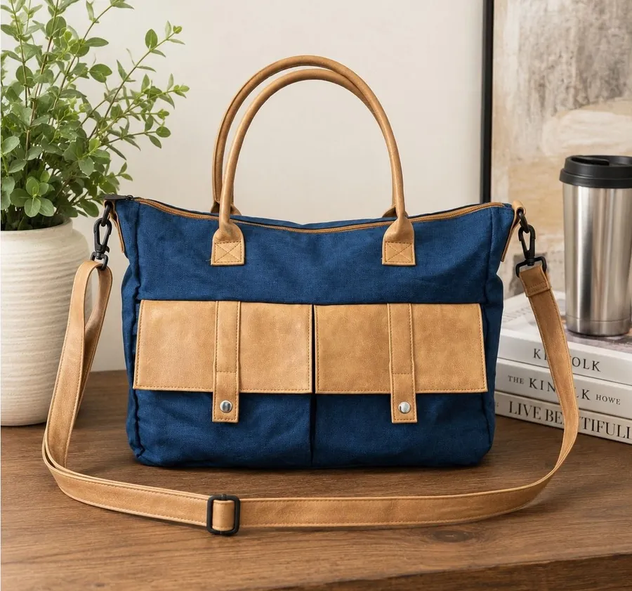 Blue Canvas Tote Bag with Tan Faux Leather Accents and Crossbody Strap