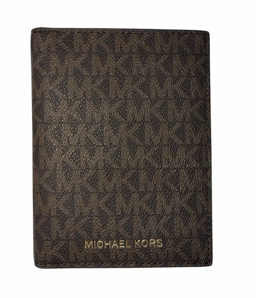 Michael Kors Signature Logo Passport Wallet in dark brown and tan NWOT