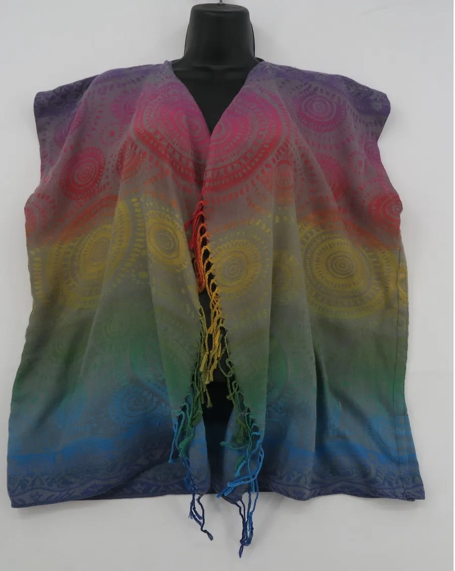 Rainbow Ombre Mandala Sun Fringe Poncho Vest Bohemian Open Front Layering Wrap Purple