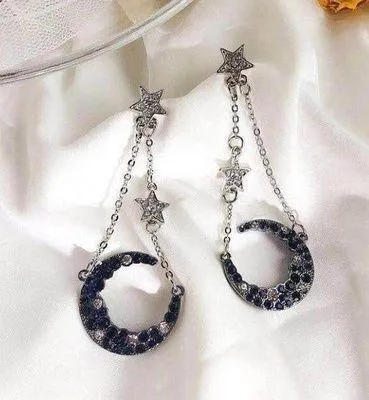 Moon and Stars Long Tassel Dangle Drop Earrings Silver