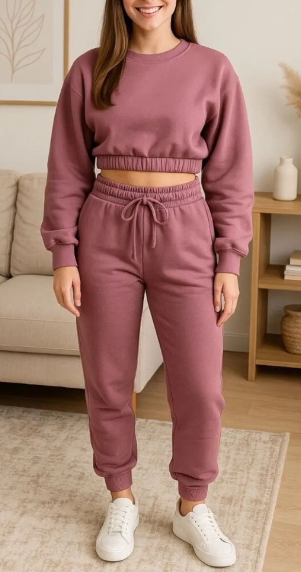 Zenana 2 Pcs Crop Sweatshirt Tracksuit Jogger Pants Set Outfit Active Loungewear Dusty Rose Pink Size Large