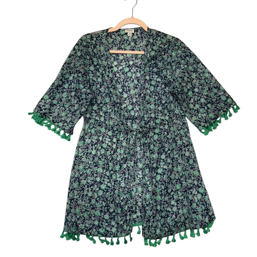 J.Crew Floral Tassel Trim Kaftan Swim Cover Up Navy Green XS Summer Beachwear Blue