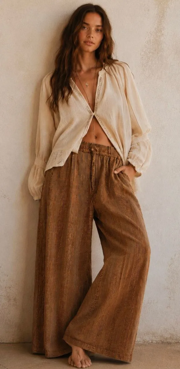 Free People NWT Brown Rust Stripe Wide Leg Boho Cotton Pants S