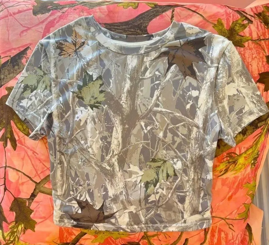 camo print pattern real tree short sleeve crop top t shirt Gray