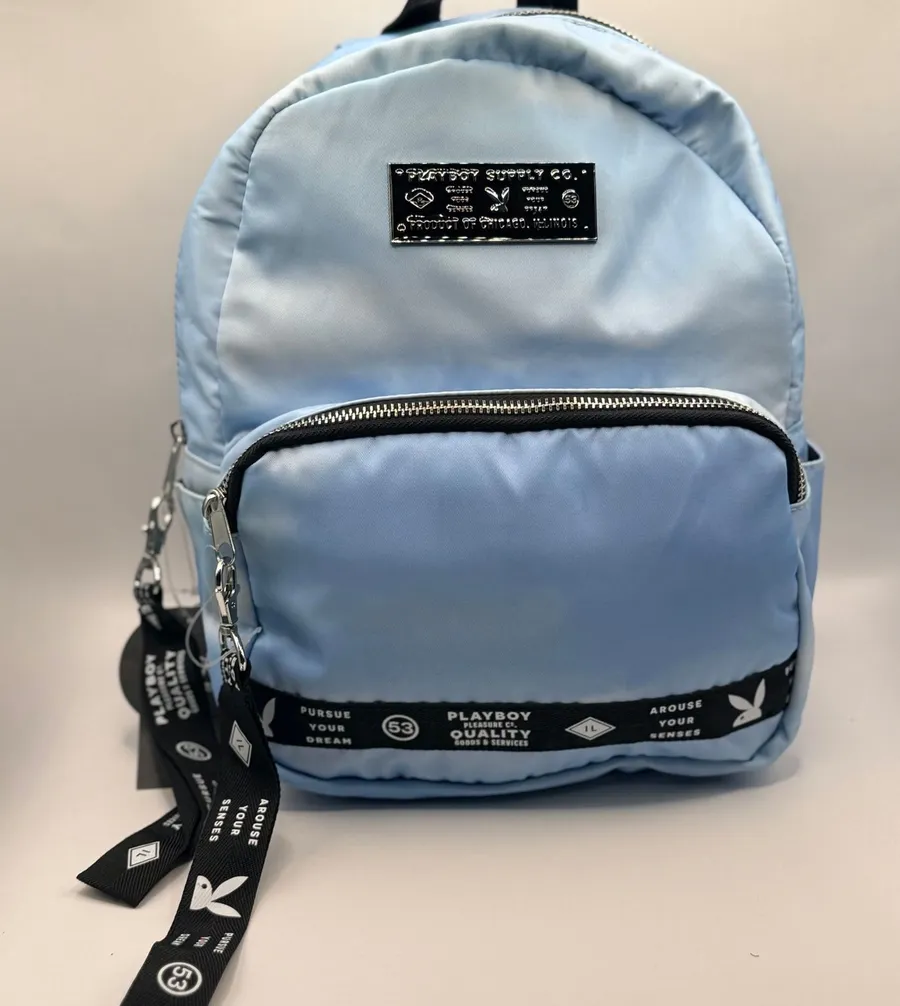 Playboy Supply Co Spencers Exclusive Mini Backpack Light Blue Satin Nylon Bag