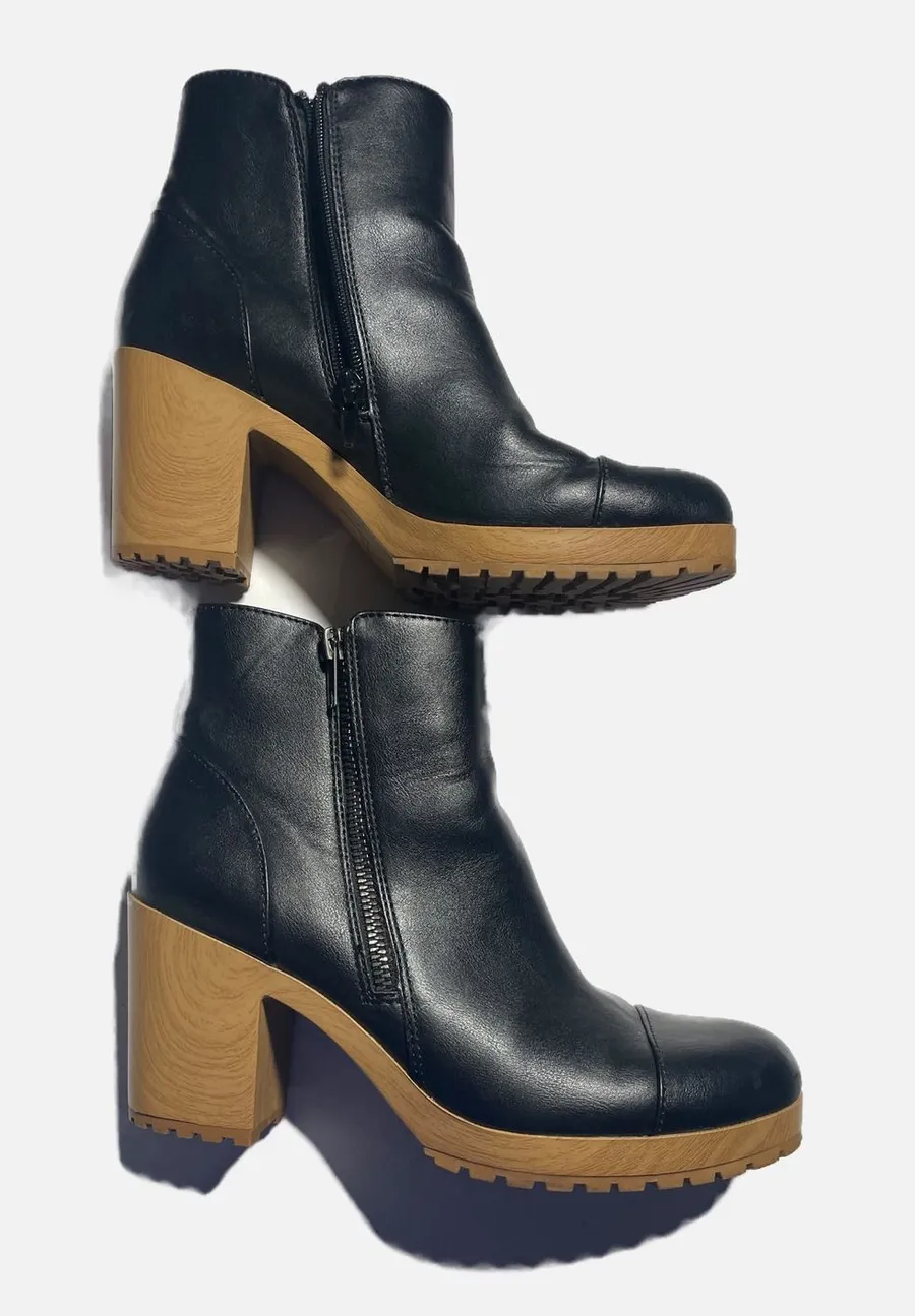 Sun + Stone Platform Ankle Boots Womens 8.5 Black Faux Wood Block Heel Lug Sole