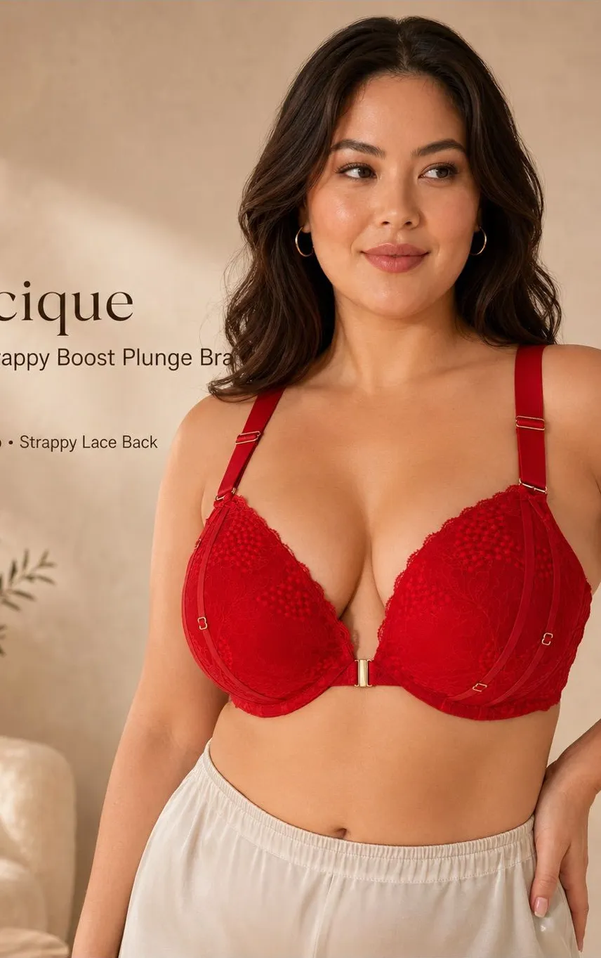 Cacique Red Lace Strappy Boost Plunge Bra with Front Clasp