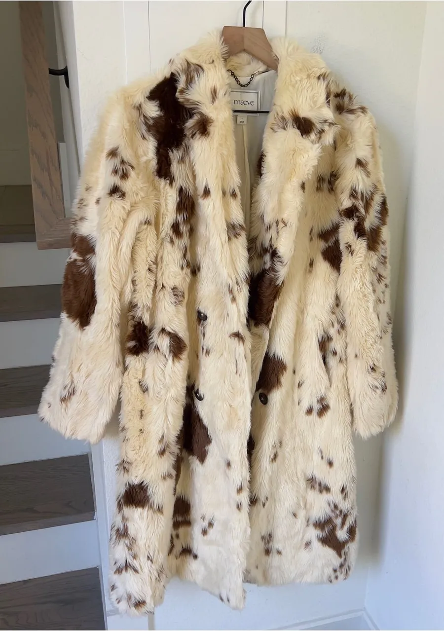 Anthropologie Maeve Grand Glam Faux Fur Coat Long Jacket in Cream and Brown