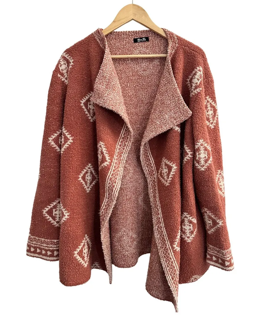 Miss Me Southwestern Boho Diamond Open Front Cardigan Sweater Medium Rust Orange