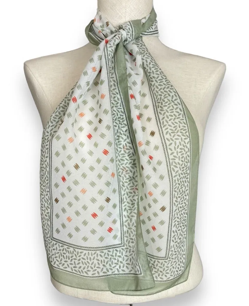 Vintage Scarf Scribble Print Sheer White Small Print Rectangular Olive Green White
