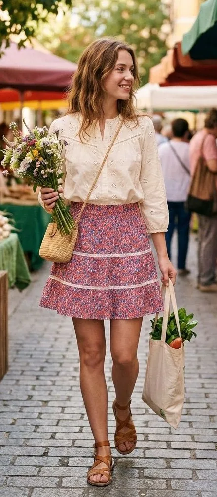 J. Crew Smocked Tiered Floral Mini Skirt – Red & Blue Summer Cotton (S)