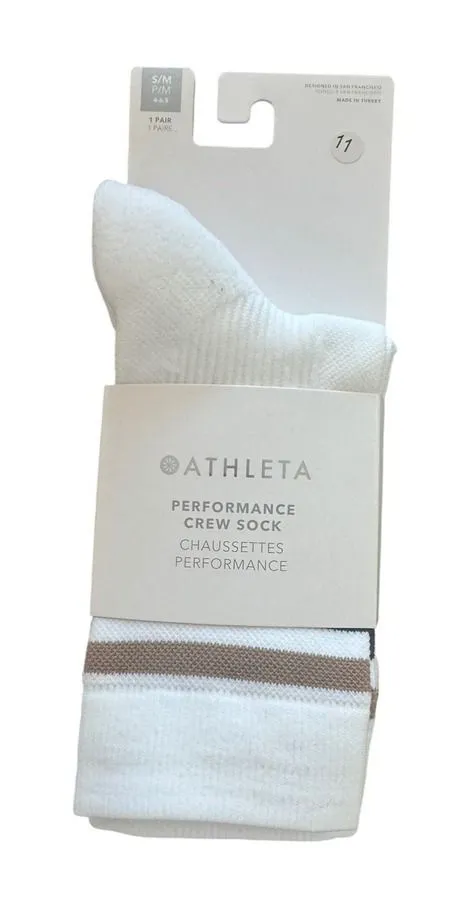 Athleta Performance Crew Sock Small/Medium White Striped Athletic Socks NWT