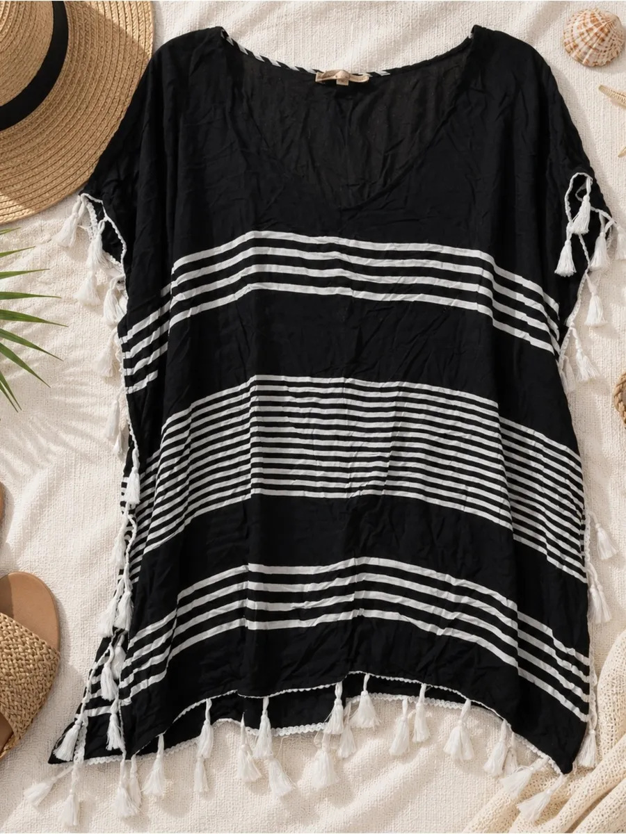 C&T Beach Black & White Striped Tassel Coverup Size M