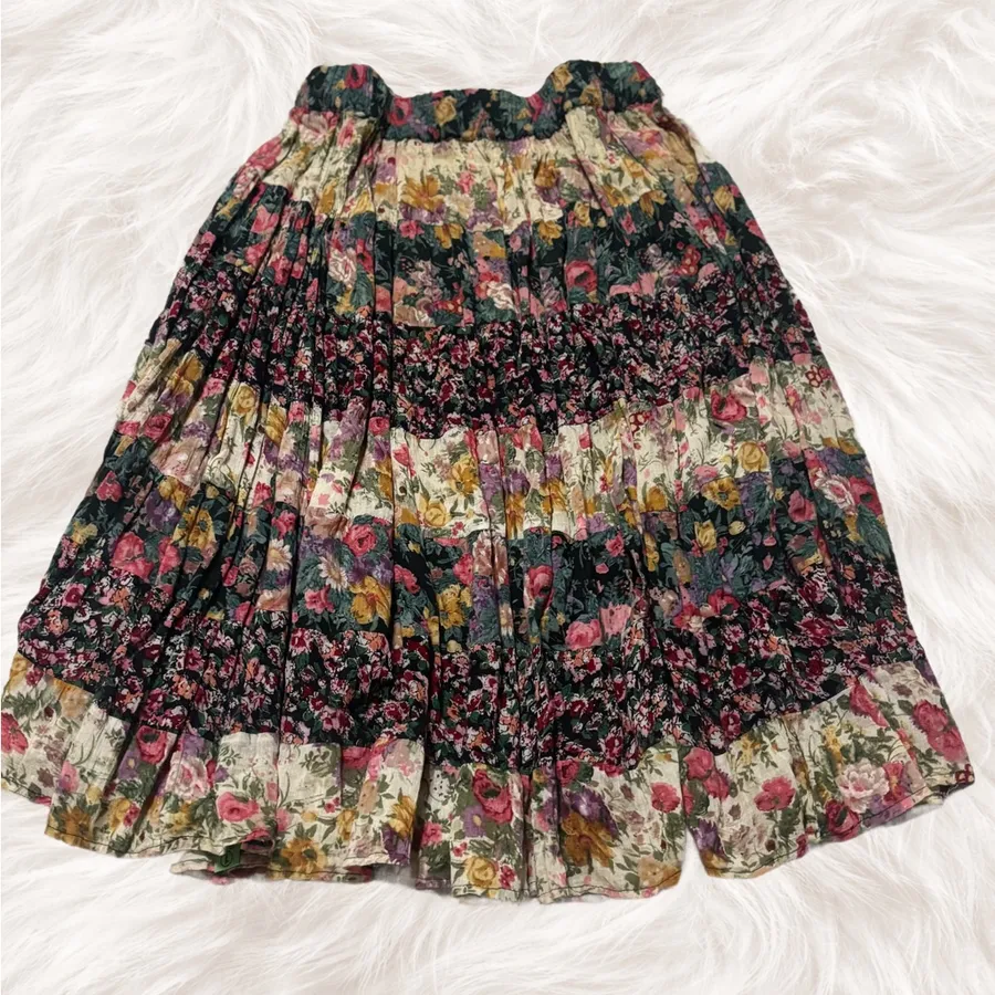 Boho Floral Tiered Midi Skirt Cottagecore Prairie Patchwork Hippie Cotton M Size M