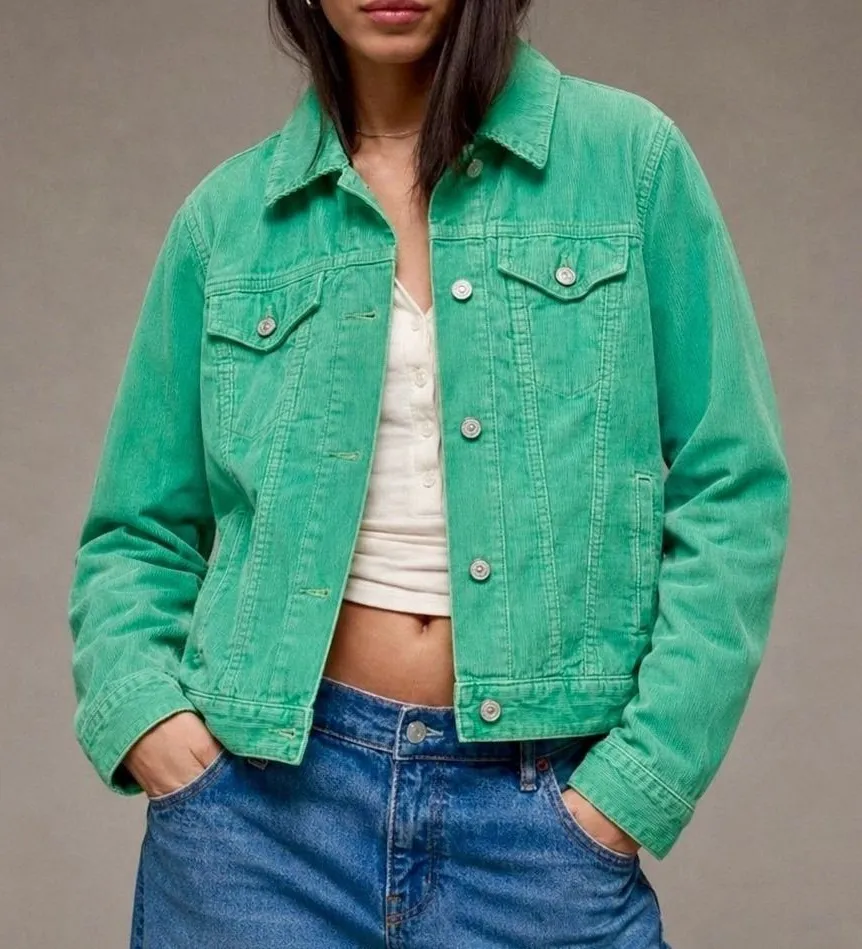 Gap Women's Mint Green Western Corduroy Faux Fur Lined Button Up Jacket