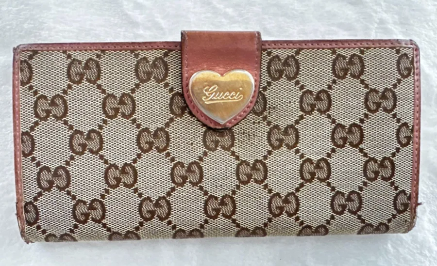 Gucci Vintage Pink Brown & Beige Monogram Canvas Heart Snap Wallet