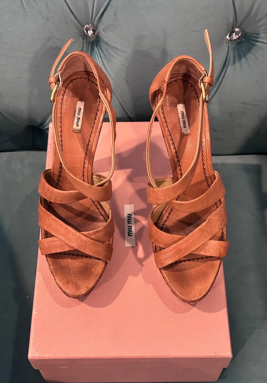 Miu Miu Tan Brown Leather Platform Heels Sandals Size 38.5 Authentic