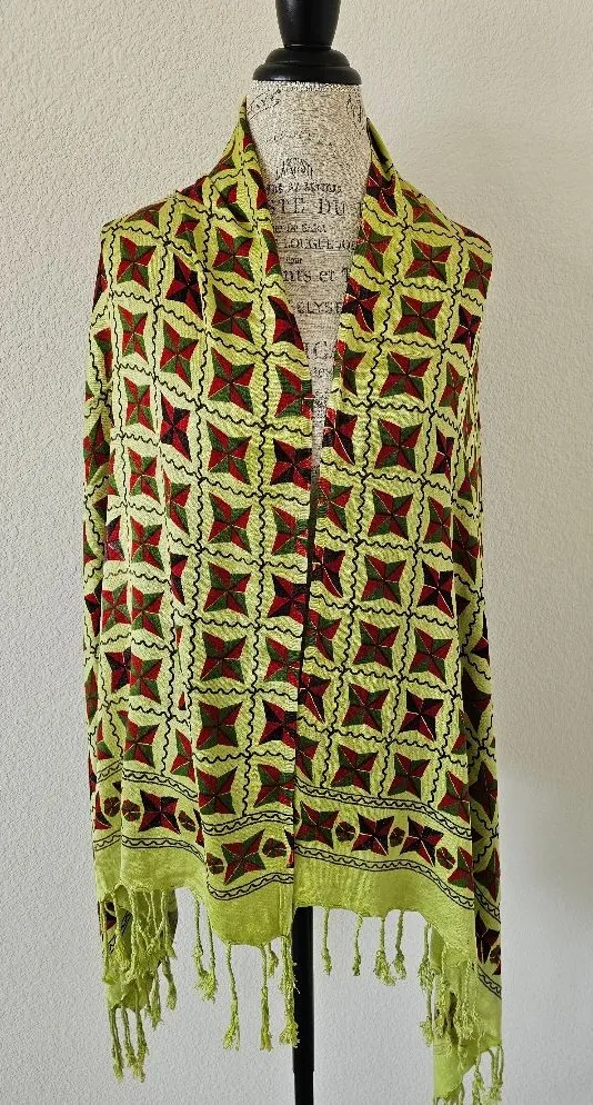 Chartreuse & Red Geometric Star Pashmina Scarf with Tassel Fringe Green