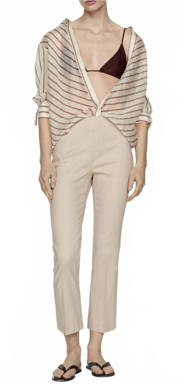 Mango Cotton Linen Flared Pants Beige Size 8/Large