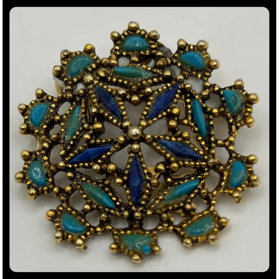 Unbranded Filigree Flower Brooch Women Small Gold Blue Turquoise Enamel Vintage