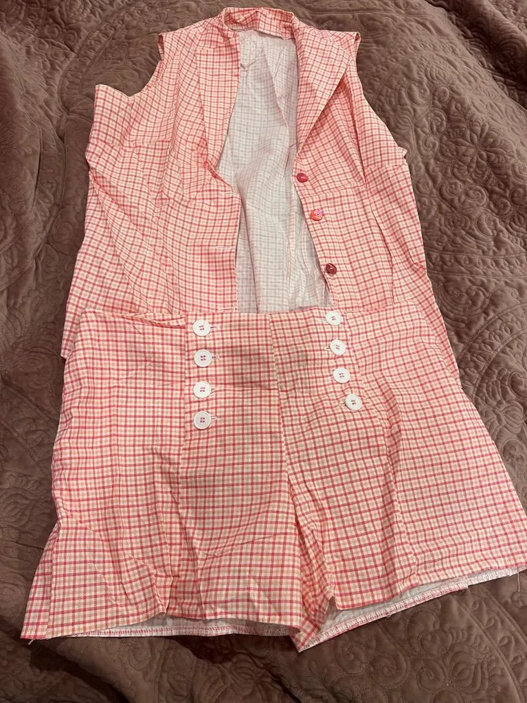 Pink Plaid Two-Piece Set - Button Front Shorts & Vest